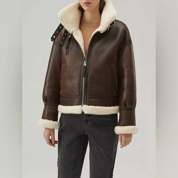 Shearling Coat Sheepskin Real Leather Jacket for Women Bomber Aviator unisex - Picture 2 of 10
